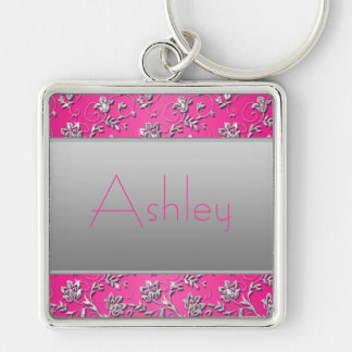 Porte-clés Porte - clé floral rose et argent chaud avec nom