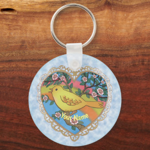 Porte-clés Porte - clé personnalisé d'oiseaux du coeur jaune