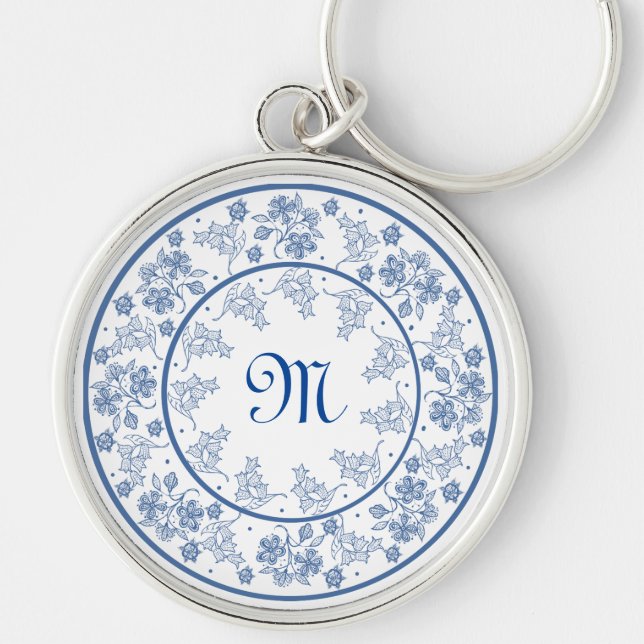 Porte-clés Porte - clé rond à la frontière florale bleu Indig (Devant)