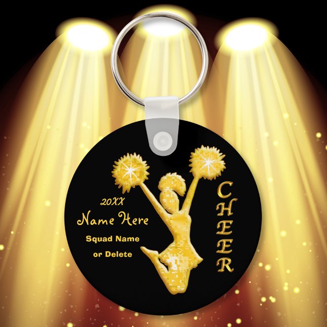 Porte-clés Porte - clés personnalisés avec NOM et ANNÉE (Cheer gift ideas for squad. Cute, black and gold, cheerleading keychains or cheer pom pom keychain. )