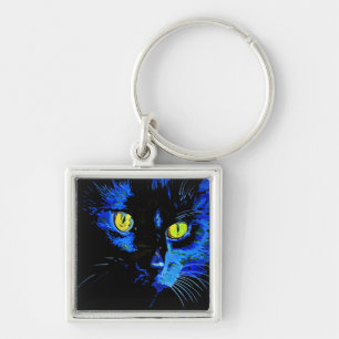 Porte-clés Portrait Artistique Chat Noir Avec Frappe Jaune E
