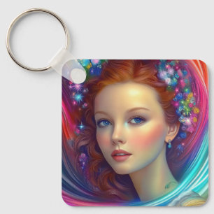 Porte-clés Portrait de cheveux arc-en-ciel enchanté