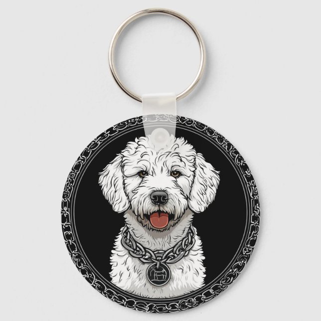 Porte-clés Portrait de chien blanc avec collier à chaîne (Recto)
