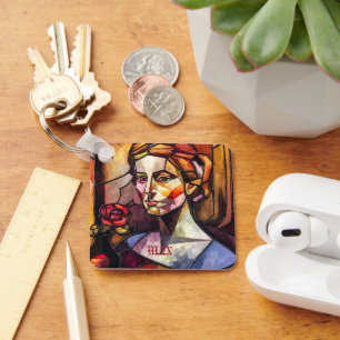 Porte-clés Portrait de femme en verre Abstrait avec Rose