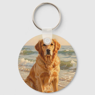 Porte-clés Portrait de Golden Retriever sur la plage océaniqu