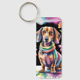 Porte-clés Portrait de teckel en lumière néon et cadre floral