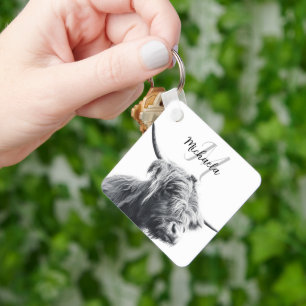 Porte-clés Portrait de vache Highland premier monogramme noir