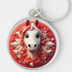 Porte-clés Portrait géométrique de cheval en rouge et blanc v