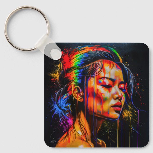 Porte-clés Portrait Neon Vibrant - Art Expressionniste Abstra (Recto)