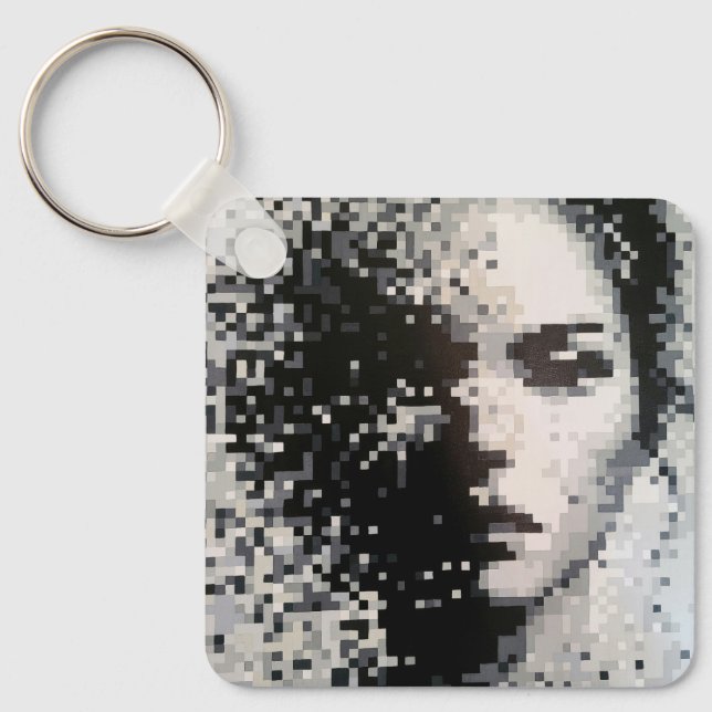 Porte-clés Portrait pixelisé noir et blanc (Recto)