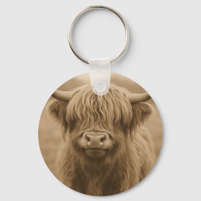 Porte-clés Portrait sépia de vache des Highlands (Recto)