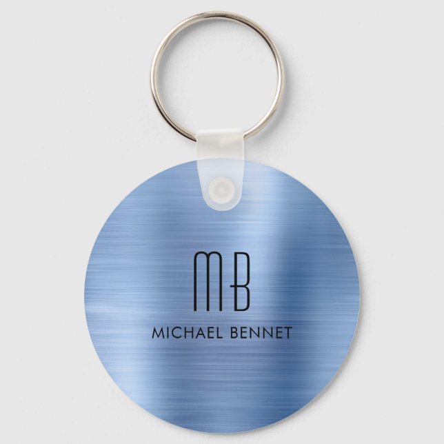 Porte-clés Poudre de Monogramme Bleu Faux Métal Brossé (Recto)