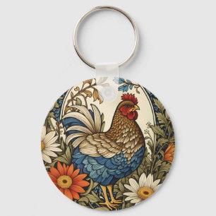 Porte-clés Poule de Ferme Vintage et Fleurs de Marguerite