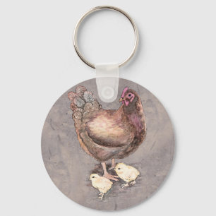 Porte-clés Poule de mère et aquarelle de poussins