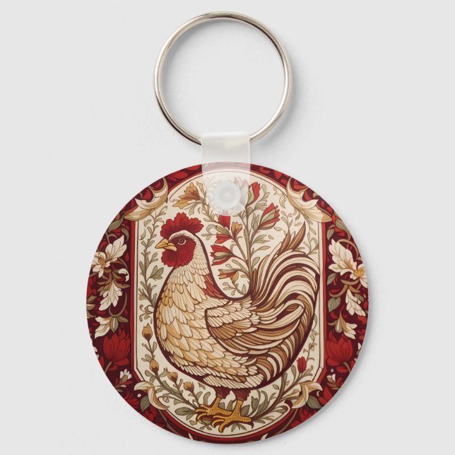 Porte-clés Poule vintage rouge et crème florale (Recto)