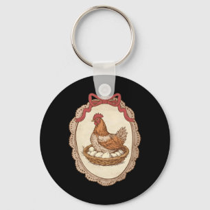 Porte-clés Poule vintage sur son nid avec des œufs Cottagecor