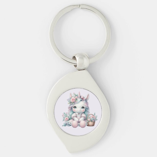 Porte-clés Poupée Licorne Kawaii Pastel avec Panier de Fleurs (Devant)