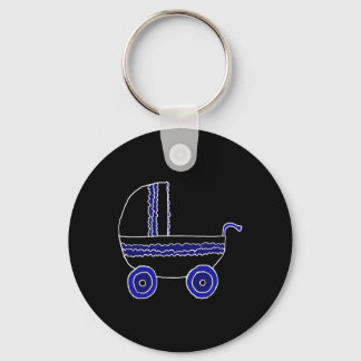 Porte-clés Poussette noire et bleue pour bébé.
