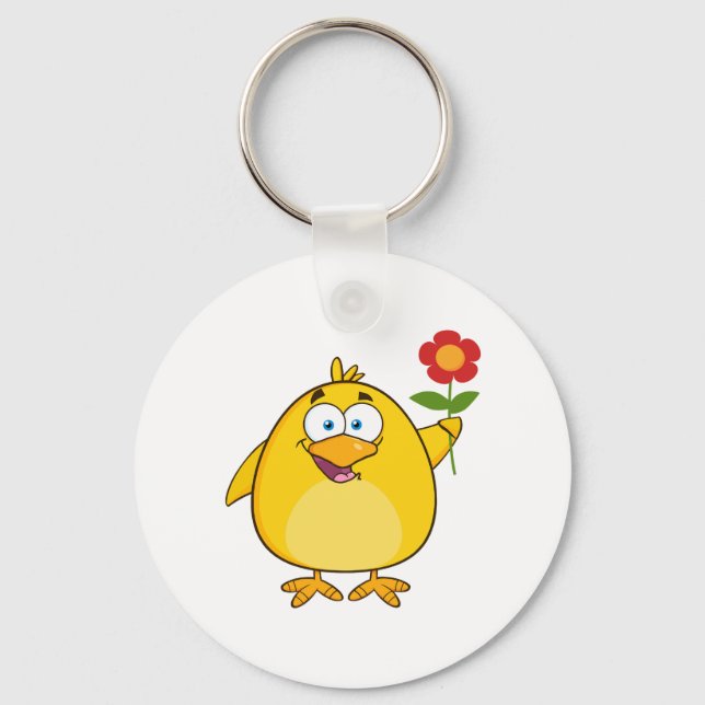 Porte-clés Poussin de dessin animé jaune mignon avec fleur (Recto)