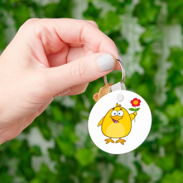 Porte-clés Poussin tenant une fleur drôle d'animal heureux (Créateur téléchargé)