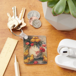 Porte-clés Poussins de Pâques vintages aux fleurs de tulipes