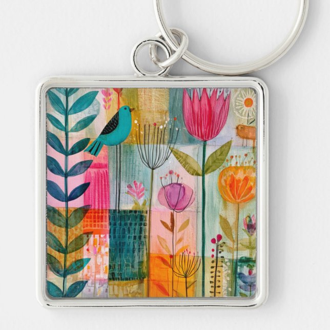 Porte-clés Prairie charmante du merle bleu patchwork (Devant)