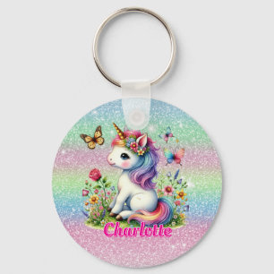 Porte-clés Prairie de licorne scintillante de fleurs sauvages