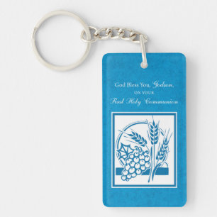 Porte-clés Première communion de Parrain, Blé, Raisins Bleu