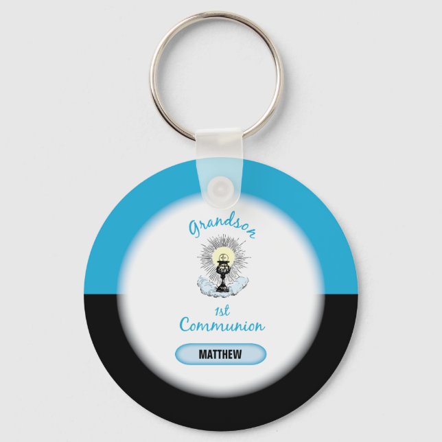 Porte-clés Première communion de petit-fils, tasse bleue (Recto)