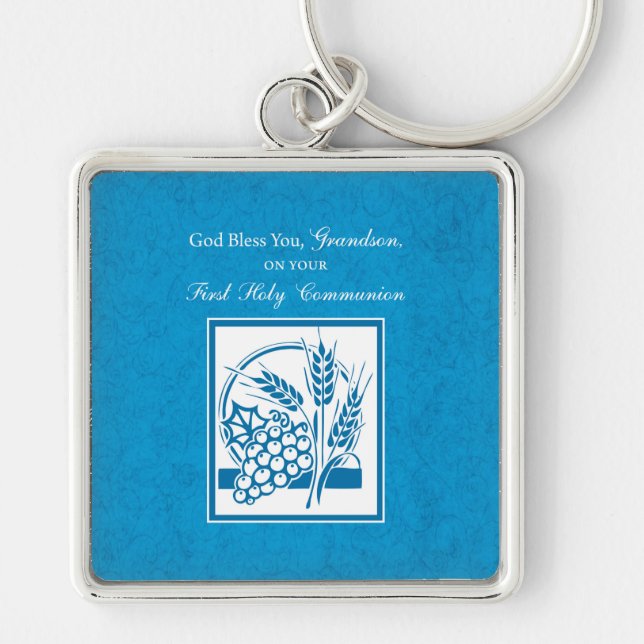 Porte-clés Première communion du petit-fils Bleu, Blé, Raisin (Devant)