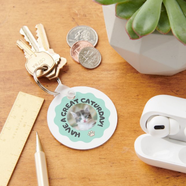 Porte-clés Prenez un grand caturjour ! Photo de chat Turquois (Bureau)