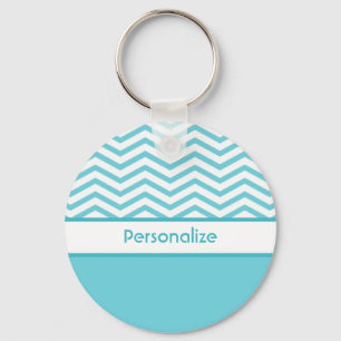 Porte-clés Préppy Aqua Chevrons Bleus et Blancs avec nom
