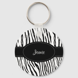 Porte-clés Preppy Black and White Tiger Stripes With Name
