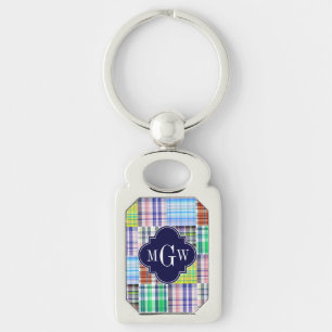 Porte-clés Preppy Patchwork Madras Navy Quatrefoil Monogramme