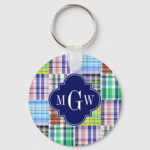 Porte-clés Preppy Patchwork Madras Navy Quatrefoil Monogramme