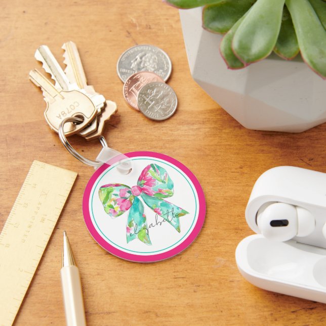 Porte-clés Preppy Rose et Green Bow Personnalisé (Bureau)