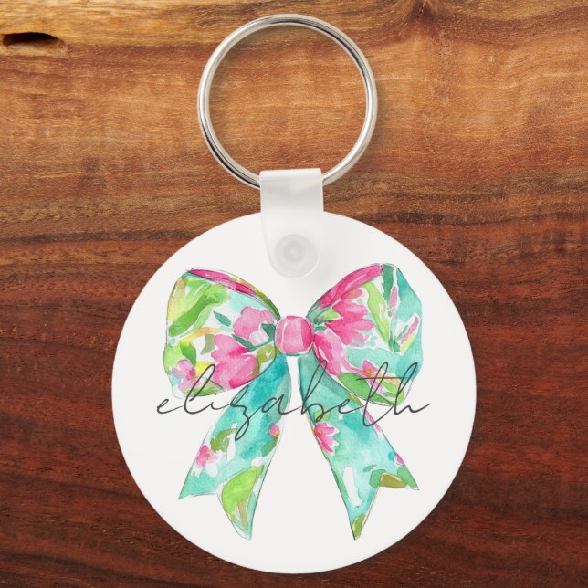 Porte-clés Preppy Rose et Green Bow Personnalisé (Recto)