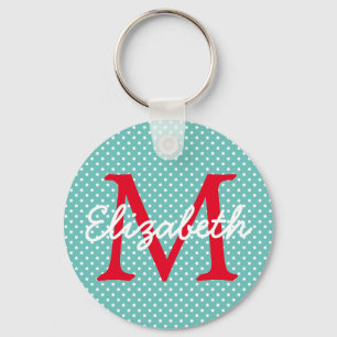 Porte-clés Preppy Turquoise et rouge Polka Dot Monogramme
