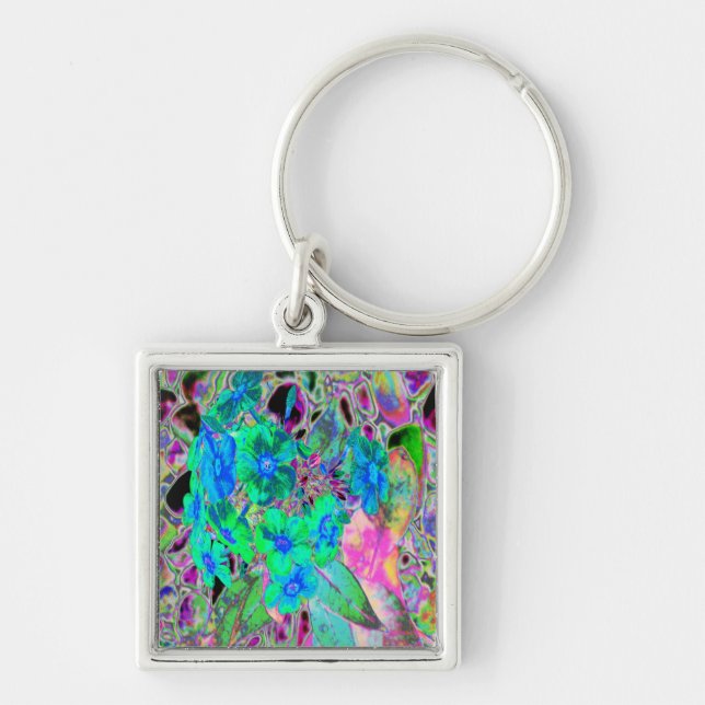 Porte-clés Psychedelic Trippy Lime Green and Blue Flowers (Devant)