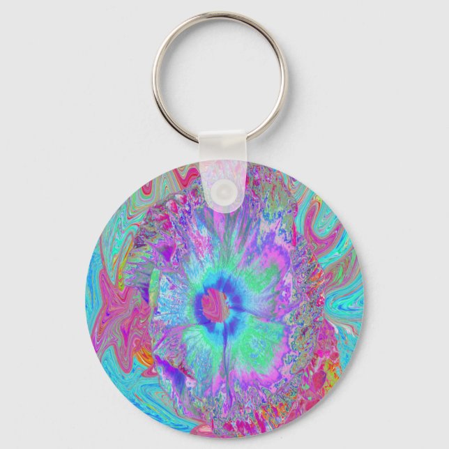 Porte-clés Psychédélique rétro arc-en-ciel bleu Hibiscus (Recto)