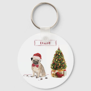 Porte-clés Pug drôle de Noël avec arbre
