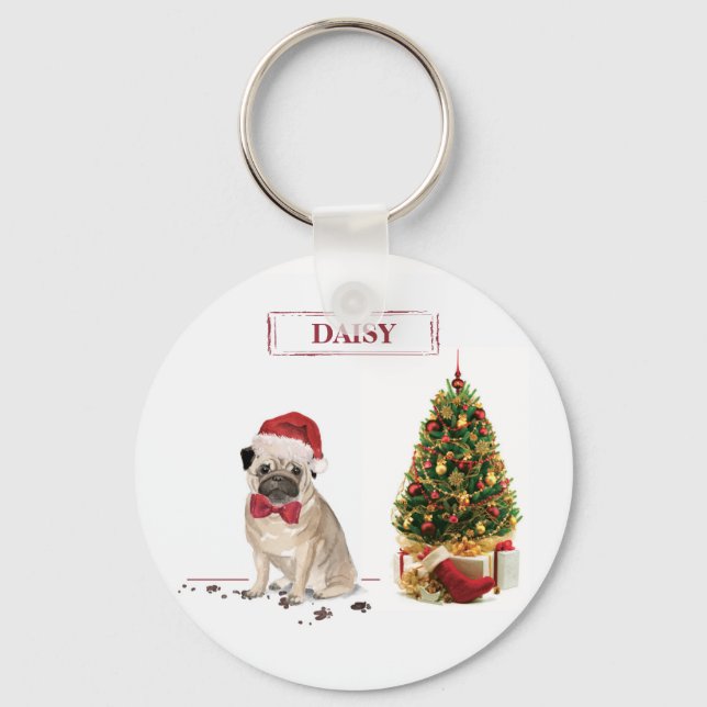 Porte-clés Pug drôle de Noël avec arbre (Recto)