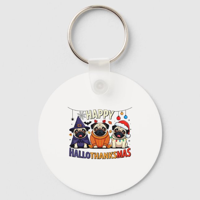 Porte-clés Pug Halloween Thanksgiving Christmas Happy Halloth (Recto)