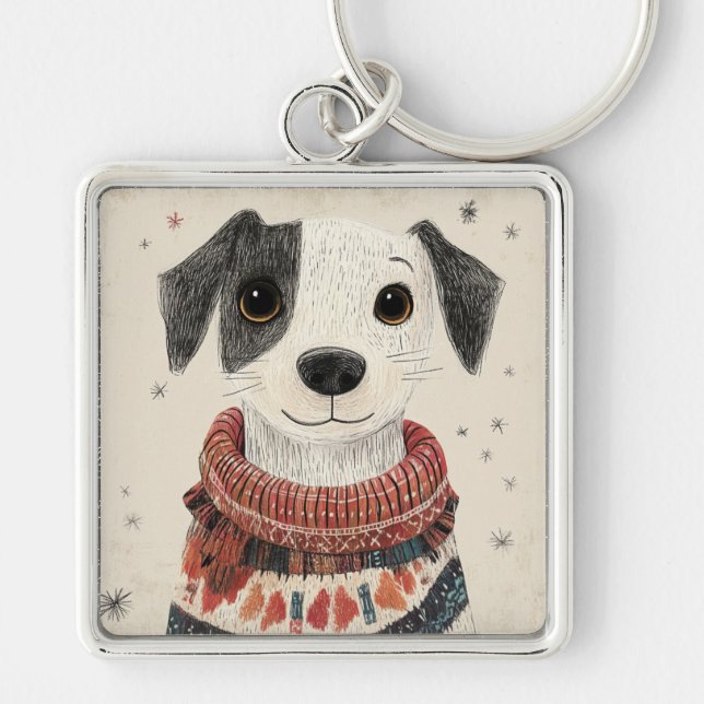 Porte-clés Pullover noir et blanc pour chiot avec neige (Devant)