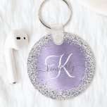 Porte-clés Purple Brushed Metal Silver Glitter Monogram Name<br><div class="desc">Easily personalize this trendy chic keychain design featuring pretty silver sparkling glitter on a purple brushed metallic background.</div>