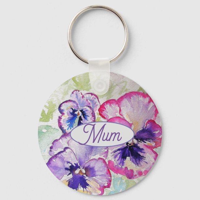 Porte-clés Purple Pansy Pink Flower Floral Aquarelle Maman (Recto)