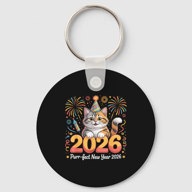Porte-clés Purrfect New Year 2026 Cute Cat Fireworks Celebrat (Recto)