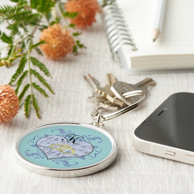 Porte-clés Quelque chose de bleu Monogramme Mariage Vow Heart (Côté)