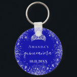 Porte-clés Quinceanera royal bleu argent parties scintillant<br><div class="desc">Pour un élégant Quinceañera, 15ème anniversaire. Une couleur arrière - plan bleue royale tendance. Décoré avec de la poussière de parties scintillant en faux argent, une couronne de tiare. Personnalisez et ajoutez un nom, un âge et une date. Quinceañera est écrit avec un script de style moderne écrit à la...</div>