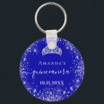 Porte-clés Quinceanera royal bleu argent parties scintillant<br><div class="desc">Pour un élégant Quinceañera, 15ème anniversaire. Une couleur arrière - plan bleue royale tendance. Décoré avec de la poussière de parties scintillant en faux argent, une couronne de tiare. Personnalisez et ajoutez un nom, un âge et une date. Quinceañera est écrit avec un script de style moderne écrit à la...</div>